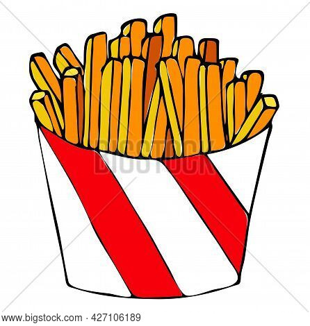 French Fries Packaged In Cartoon Style. Vector Stock Illustration Isolated On White Background.