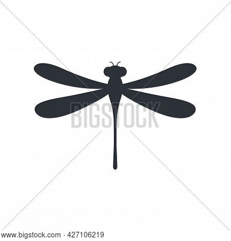 Dragonfly Icon. Cute Dragonfly Black Silhouette Symbol. Vector Isolated On White