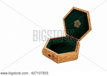Empty Open Wooden Jewelry Box With Velvet Lining And Vintage Accessories And Clipping Pathon White B