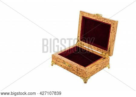 Empty Open Wooden Jewelry Box With Velvet Lining And Vintage Accessories And Clipping Pathon White B