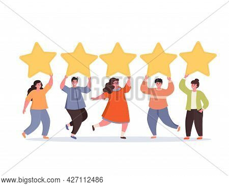 Men And Women Are Holding Gold Rating Stars Over The Heads. Concept Of Five Stars Rating. Feedback C