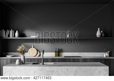 Interior With Double Sided Kitchen Cabinet. Marble And Wooden Details, Shelf In The Upper Part, Stov