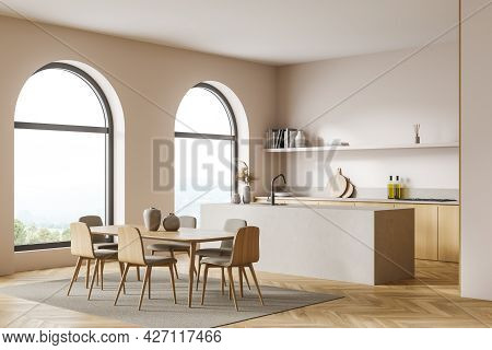 Studio Kitchen With Arch Windows, Pinky White Walls, Wooden And Stone Details. Parquet Floor With Ca