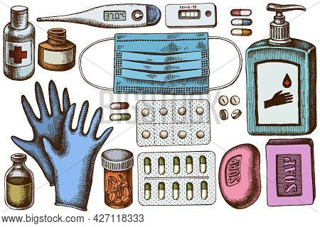 Vector Set Of Hand Drawn Colored Pills And Medicines, Medical Face Mask, Sanitizer Bottles, Medical 