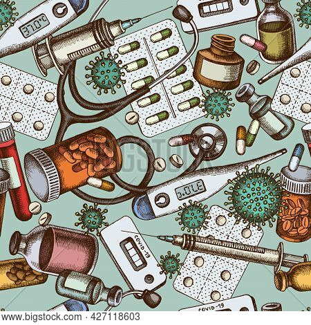 Seamless Pattern With Hand Drawn Colored Vial Of Blood, Pills And Medicines, Medical Thermometer, Co