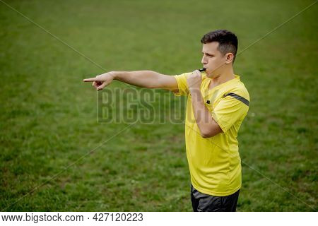 Referee Indicates A Violation Of The Rules. Concept Of Sport, Rules Violation, Controversial Issues,