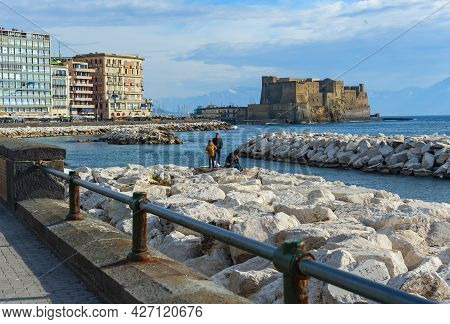 Naples, Italy - January 21, 2017:  View Of The Lungomare Caracciolo,  Romantic Seaside Promenade Wit