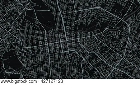 Map Of Sapporo City, Japan. Horizontal Background Map Poster Dark Black Land, Streets And Rivers. 19