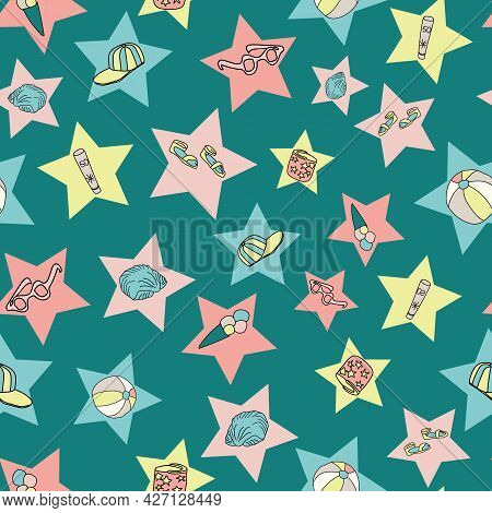 Vector Blue Stars Beach Doodle Background Pattern