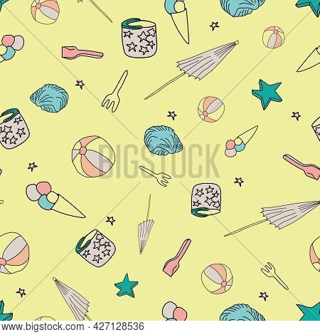 Vector Yellow Colorful Beach Doodle Background Pattern