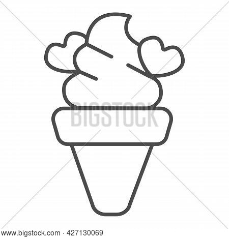 Ice Cream Waffle Cone With Hearts Thin Line Icon, Icecream Concept, Choco Hearts Vector Sign On Whit