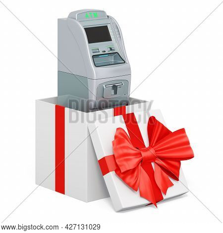 Atm Machine Inside Gift Box, Gift Concept. 3d Rendering Isolated On White Background
