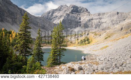 Fall In Canadian Rockies, Colorful Valley With Mountain, Golden Larches And Lake, Shot Made On Galat