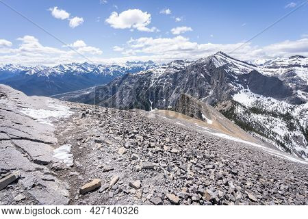 Mountain Summit Views With Rocky Foreground, Shot At Mt Yamnuska Summit, Canadian Rockies, Alberta, 