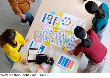Brainstorm Planing Creative Asian Teamwork, Group Of Asia Mobile Phone App Developer Team Meeting Fo