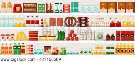 Supermarket Food. Grocery Shelves With Cereal Bread And Milk, Eggs Or Pasta. Market Showcase Templat