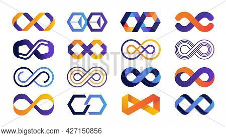 Infinite Logo. Colored Mobius Ribbon And Eternity Geometric Symbols. Blue And Orange Limitless Busin