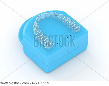 3d Render Of Clear And Removable Aligner With Case Over White Background