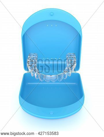 3d Render Of Clear And Removable Aligner With Case Over White Background