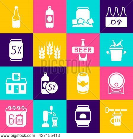 Set Signboard With Glass Of Beer, Wooden Barrel On Rack, Beer Bottles In Ice Bucket, Cold Can, Wheat