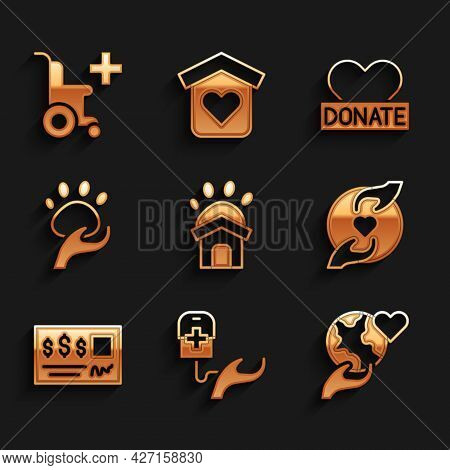 Set Animal Shelter House, Blood Donation, Hand Holding Earth Globe, Pleasant Relationship, Bank Chec