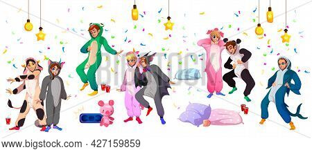 Kigurumi Pajama Party, Young People In Animal Costumes Frog, Shark, Cow And Panda, Bat, Pig And Unic