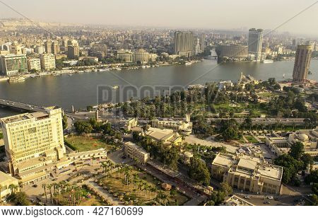 Cairo-egypt - October 04, 2020: Beautiful City Overview From Cairo Tower And Car Traffic During Day.