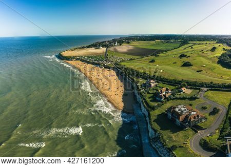 Drone aerial view of the beach and white cliffs, Margate, England, UK