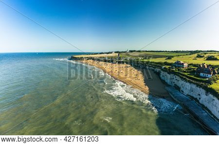 Drone aerial view of the beach and white cliffs, Margate, England, UK
