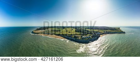 Drone aerial view of the beach and white cliffs, Margate, England, UK