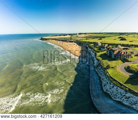Drone aerial view of the beach and white cliffs, Margate, England, UK