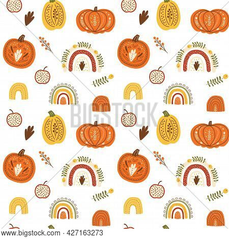 Fall Rainbow Pumpkin Pattern Cute Autumn Seamless Background. Thanksgiving Pumpking Pattern. Fall Ra