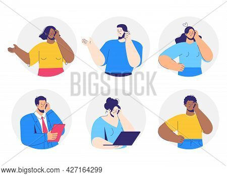 People Talking Phone Set. Differnent Characters Calling By Telephone. Communication And Conversation
