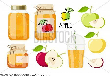 Canned Apples. Compote And Jam Or Marmalade In Jars, Drink In Glass, Apples Sketch For Label. Canned