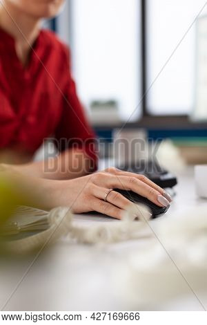 Close Up View Details Of Business Woman Hands In Corporate Office, Using Mouse. Entrepreneur Executi