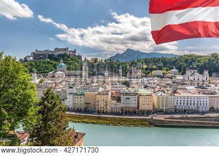 Panorama Of Salzburg With Festung Hohensalzburg  During Summer Time, Salzburg, Austria
