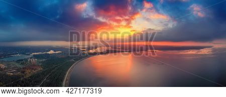 Dramatic Colorful Sunset Over Kyiv Sea In Vyshgorod, Ukraine, Travel Background. Big Panorama From D