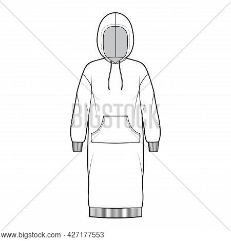 Dress Hoody Technical Fashion Illustration With Long Sleeves, Kangaroo Pouch, Rib Cuff Oversized Bod