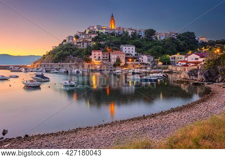 Vrbnik, Croatia. Cityscape Image Of Iconic Village Of Vrbnik, Croatia Located On Krk Island At Summe