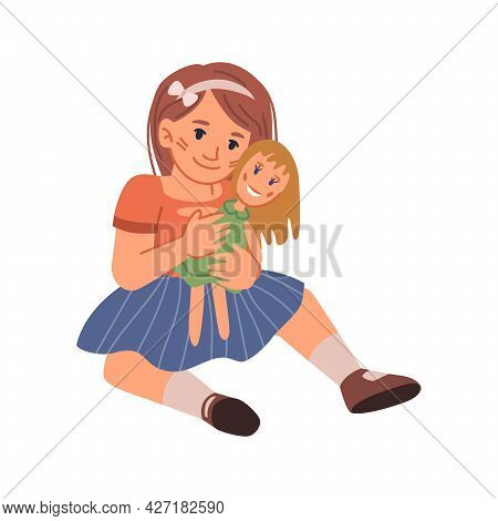 Kid On Playground For Daycare Playing With Smiling Doll, Isolated Girl Hugging And Cuddling Toy. Pre