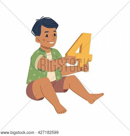Boy Kid Learning To Count, Isolated Kiddo With Plastic Toy In Shape Of Number. Education And Develop