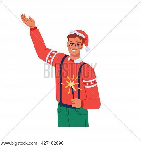 Male Personage Celebrating Xmas And New Year, Dancing Man With Bengal Light Wearing Santa Claus Hat.
