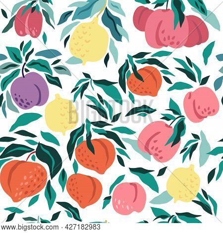 Beautiful  Seamless Pattern  With Tropical  Fruits For  Summer Design. Pear, Peach, Lemon, Plum Crea