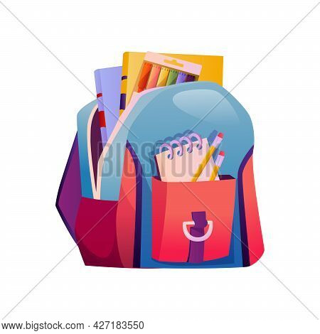 School Bag With Supplies, Pencils And Books. Isolated Knapsack With Open Pockets. Textbook And Crayo