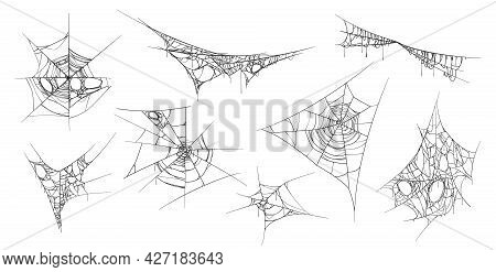 Spooky Cobweb Hanging Threads Made By Spiders. Isolated Set Of Sticky Web, Halloween Decoration. Mes