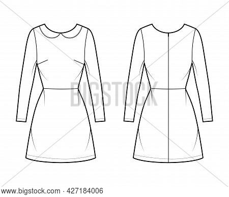 Dress A-line Technical Fashion Illustration With Long Sleeves, Peter Pan Collar, Fitted Body, Above-