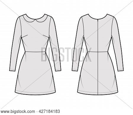 Dress A-line Technical Fashion Illustration With Long Sleeves, Peter Pan Collar, Fitted Body, Above-