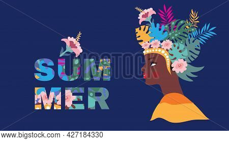 Summer Concept Design  With  Pretty Women,  Palm Trees, Tropical Leaves And Flowers. Exotic Modern  