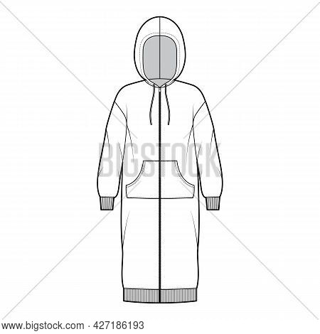 Dress Zip-up Hoody Technical Fashion Illustration With Long Sleeves, Kangaroo Pouch, Rib Cuff Oversi