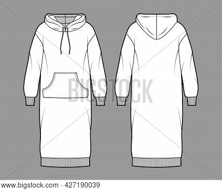 Dress Hoody Technical Fashion Illustration With Long Sleeves, Kangaroo Pouch, Rib Cuff Oversized Bod